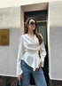 Premium Satin Cowl Neck Waist Tie Trumpet Sleeves Tops